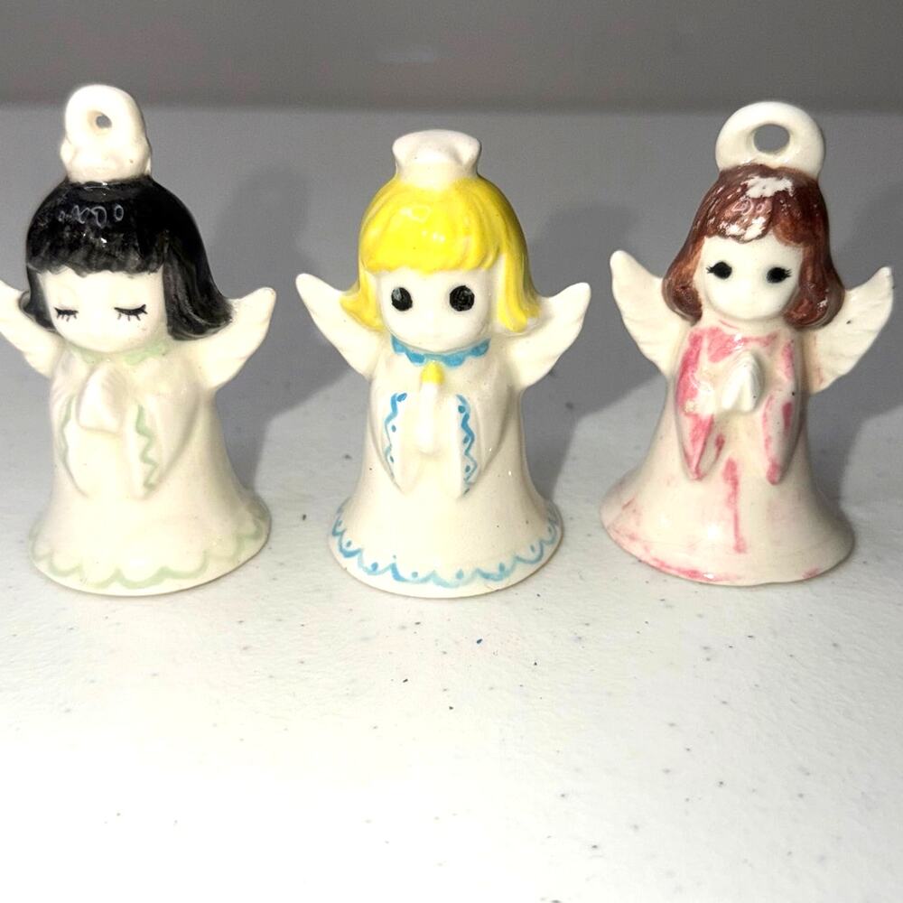 Vintage Ceramic Hand Painted Christmas Angel Bell Ornaments 3pcs